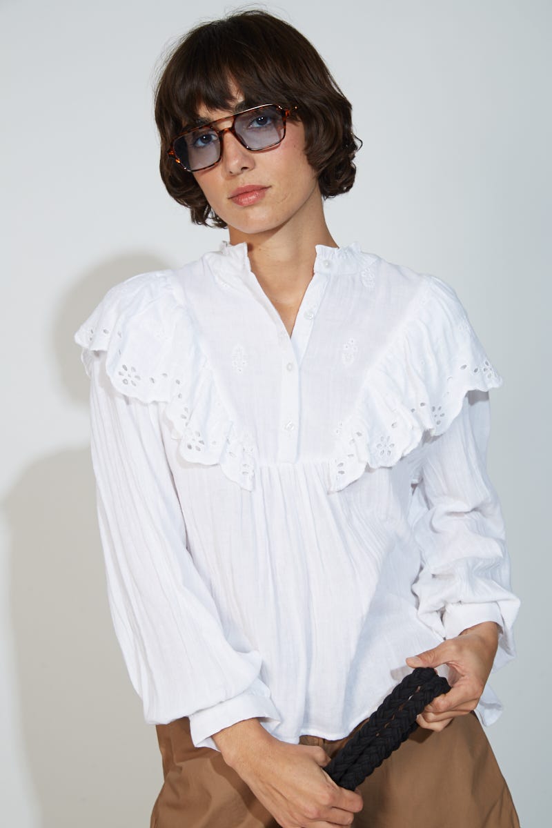 Camisa Romántica Combinada con Broderie