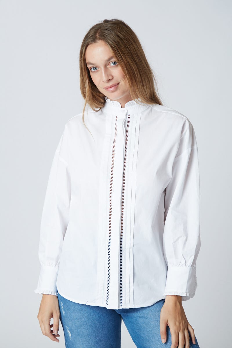 Camisa Puntilla de Algodón y Cuello Mao