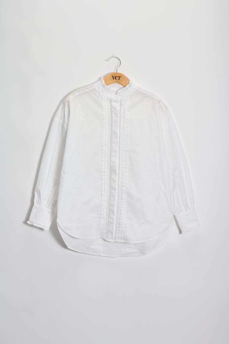 Camisa Puntilla de Algodón y Cuello Mao
