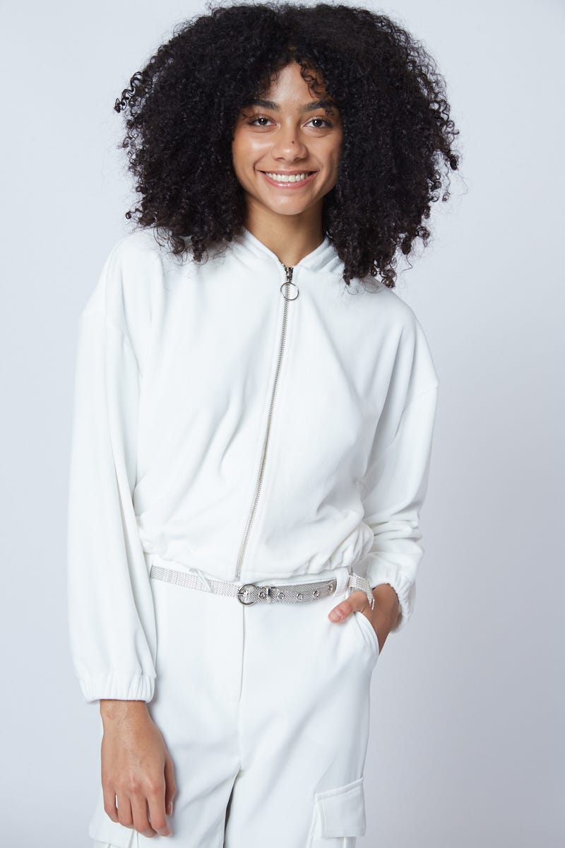 Campera de Plush Corta con Bolsillos Off White