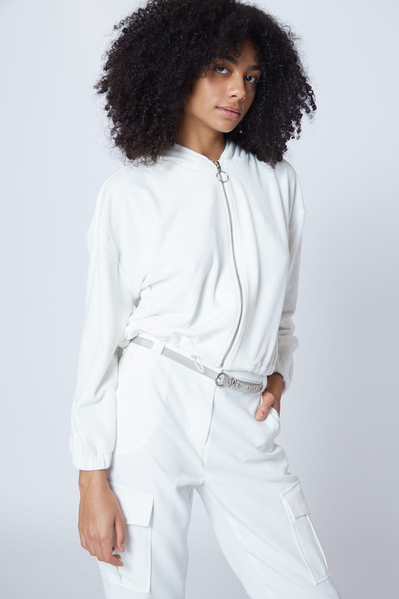Campera de Plush Corta con Bolsillos Off White
