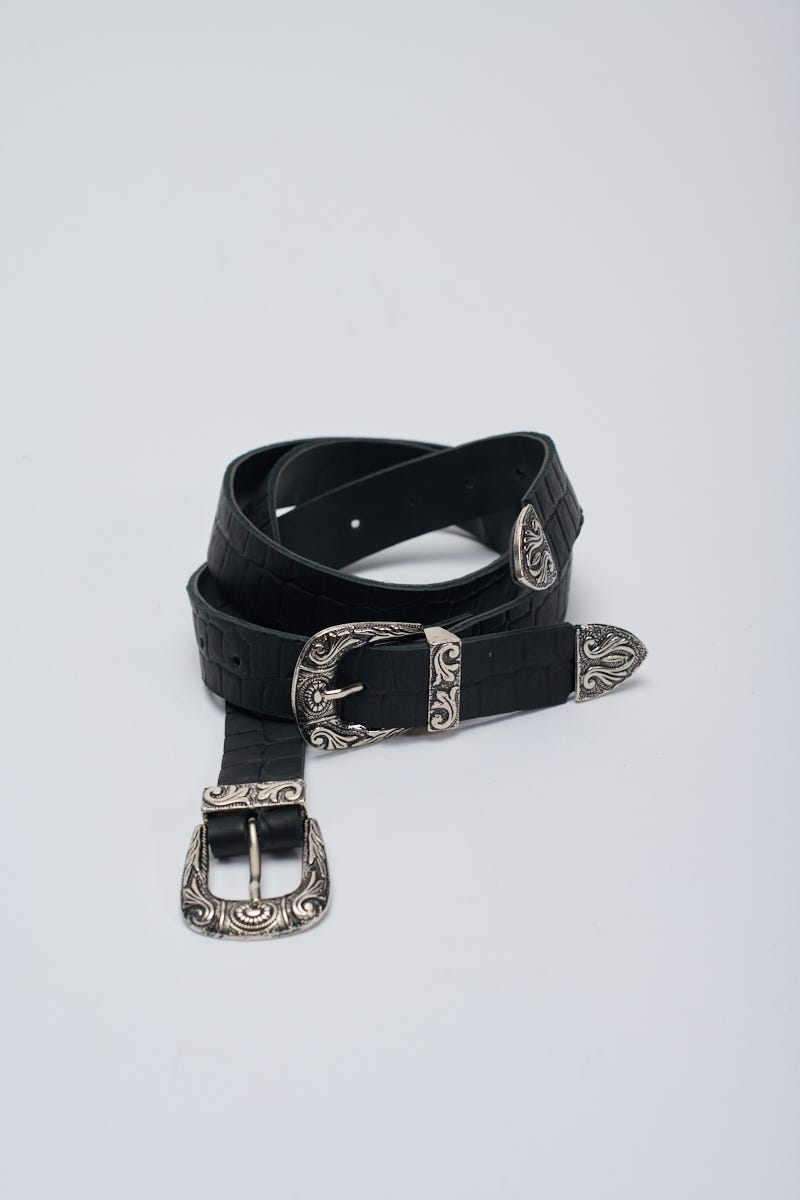 Cinto Cuero Doble Hebilla Efecto Croco