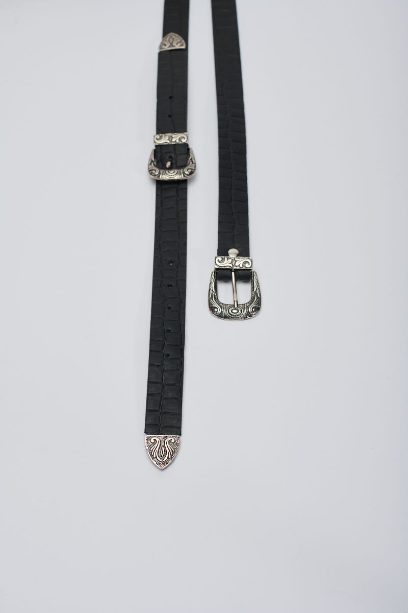 Cinto Cuero Doble Hebilla Efecto Croco