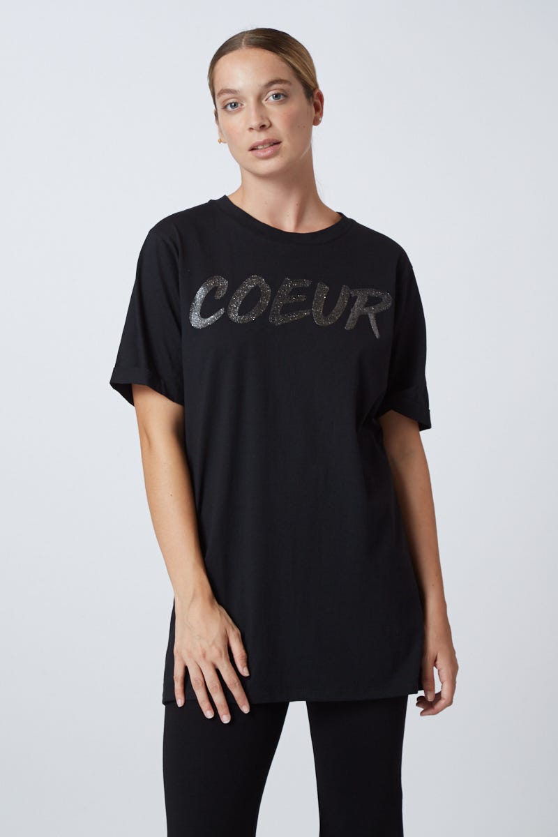 Remera Larga Negra Estampa Coeur