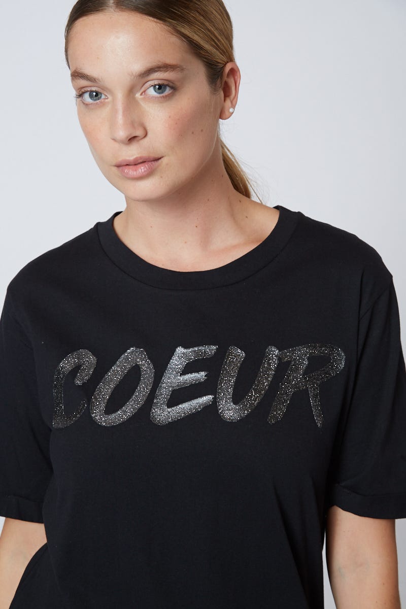 Remera Larga Negra Estampa Coeur