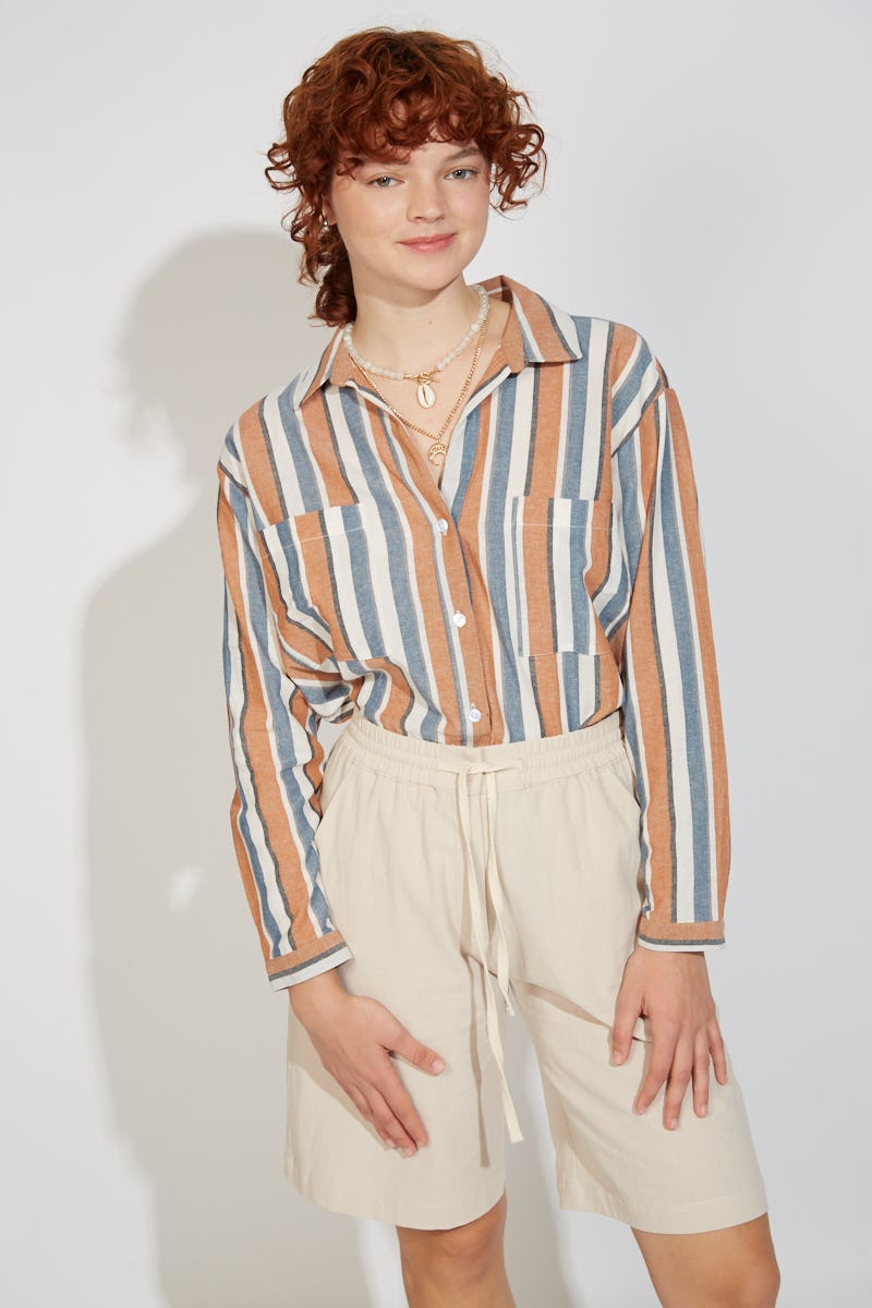 Camisa Boyfriend Rayada Azul y Camel
