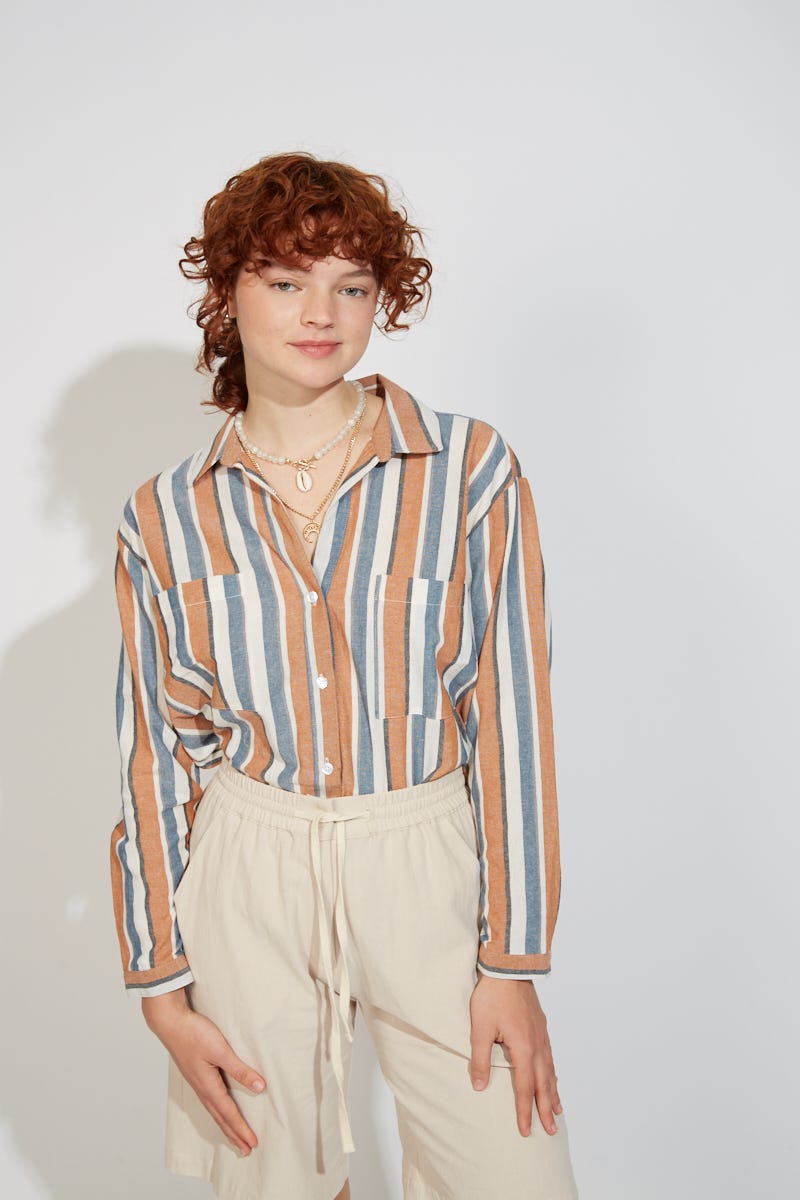 Camisa Boyfriend Rayada Azul y Camel