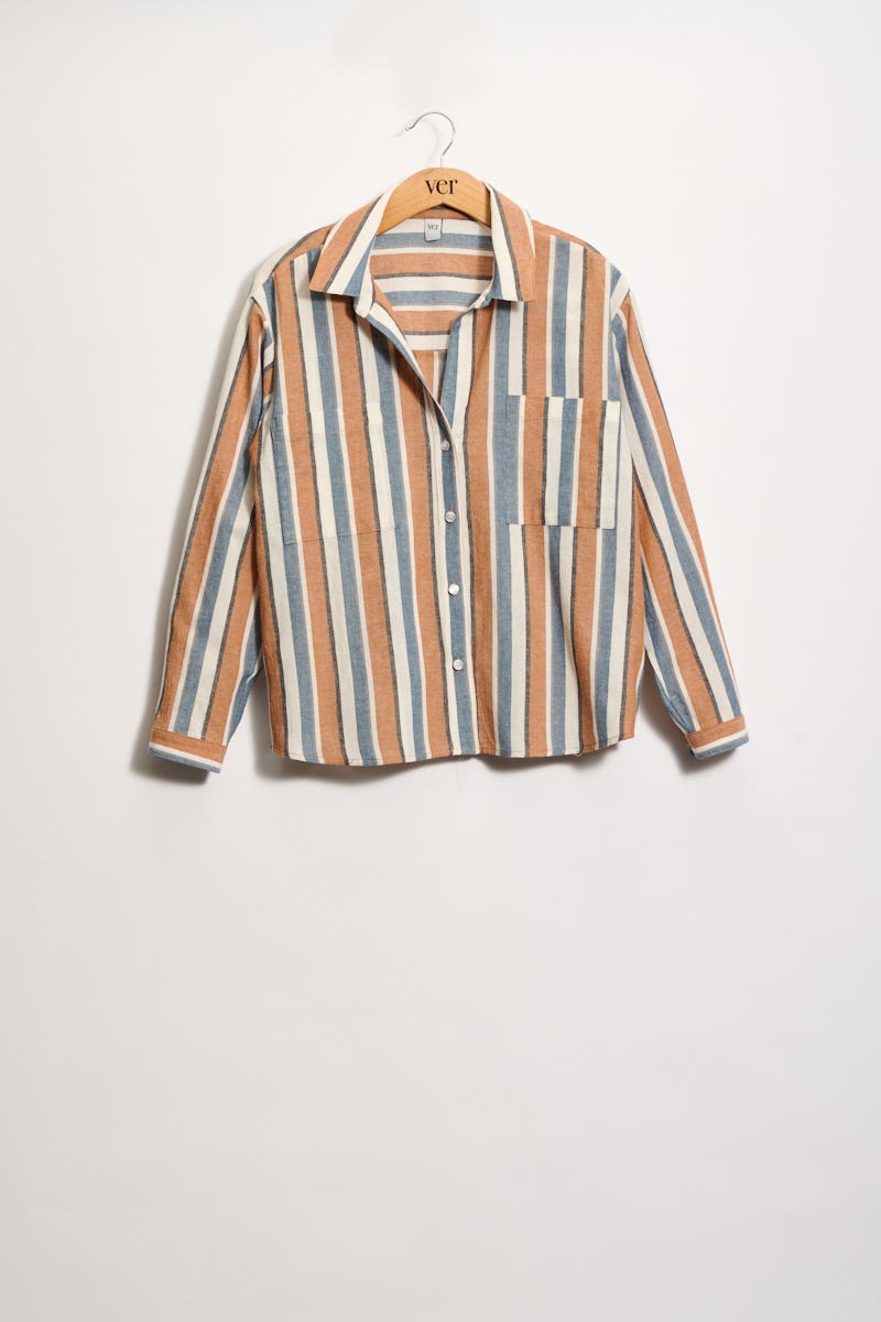 Camisa Boyfriend Rayada Azul y Camel