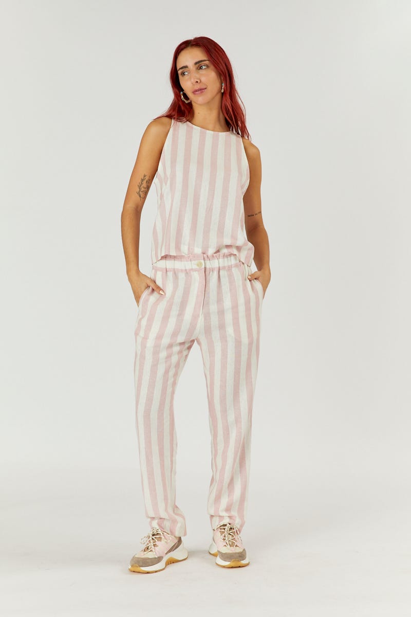 Pantalón Lino Rayado Rosa