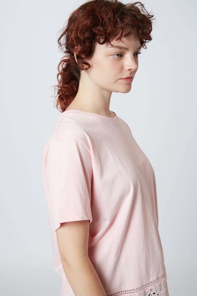 Remera Manga Corta Con Broderie Y Entredos