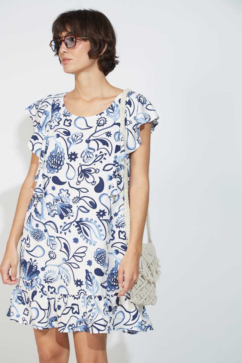 Vestido Corto Estampado y Volados