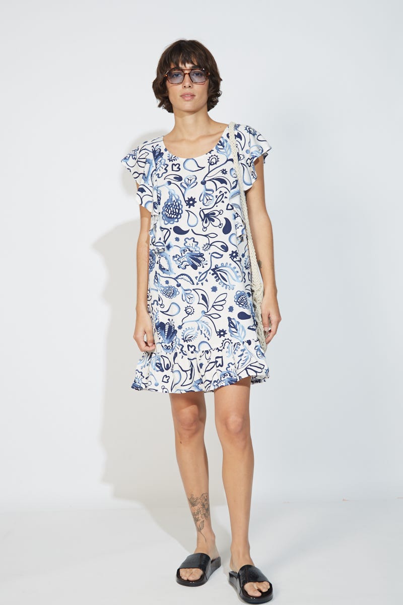 Vestido Corto Estampado y Volados