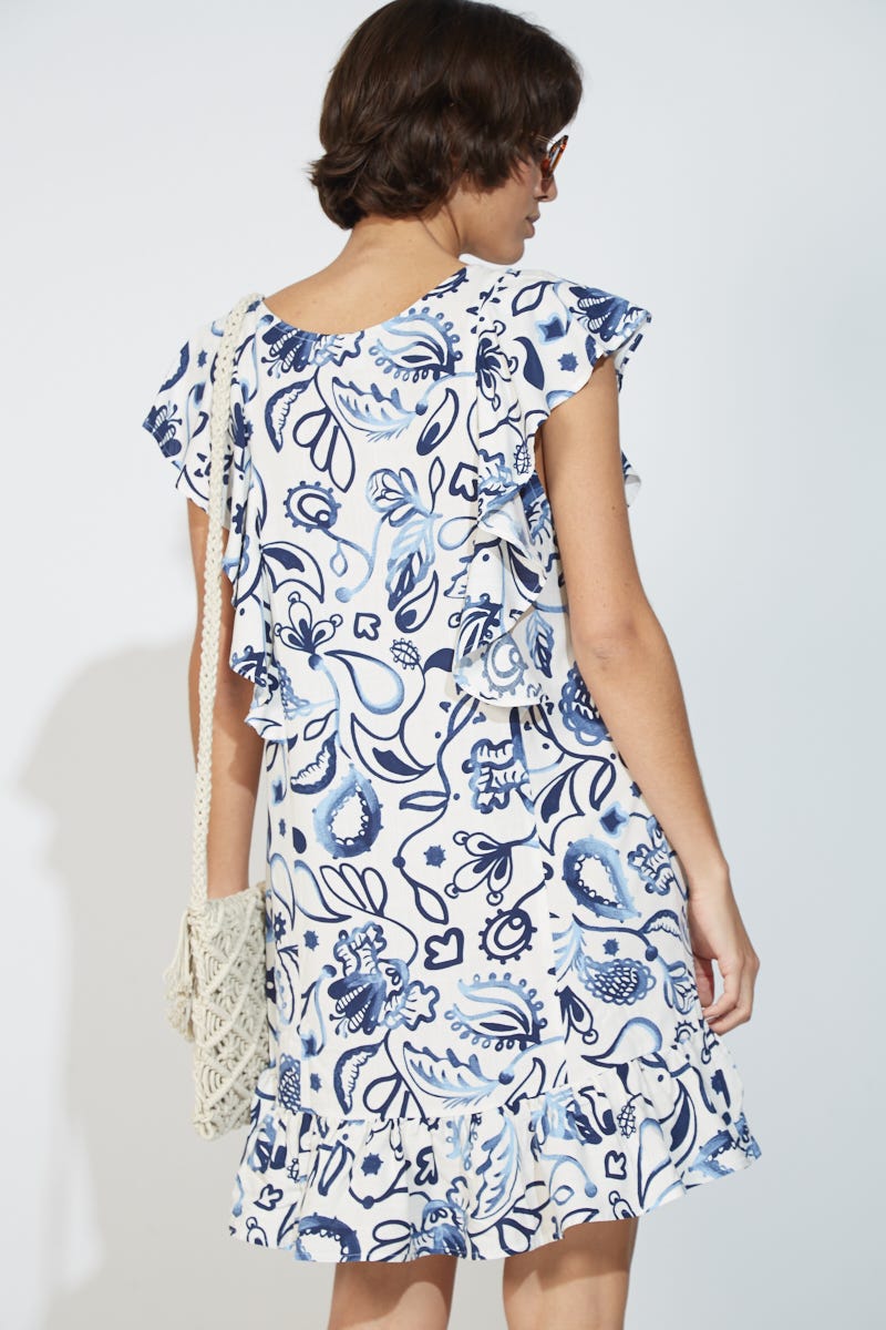 Vestido Corto Estampado y Volados