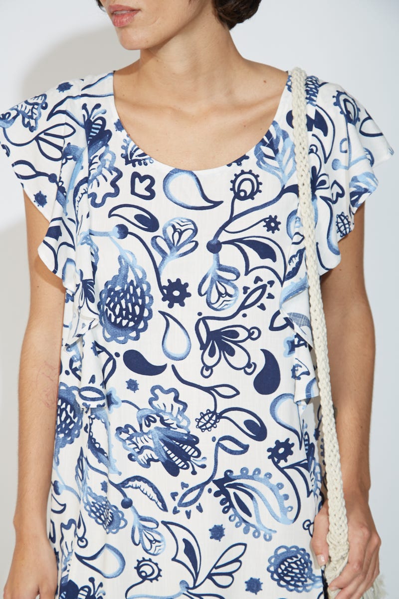 Vestido Corto Estampado y Volados