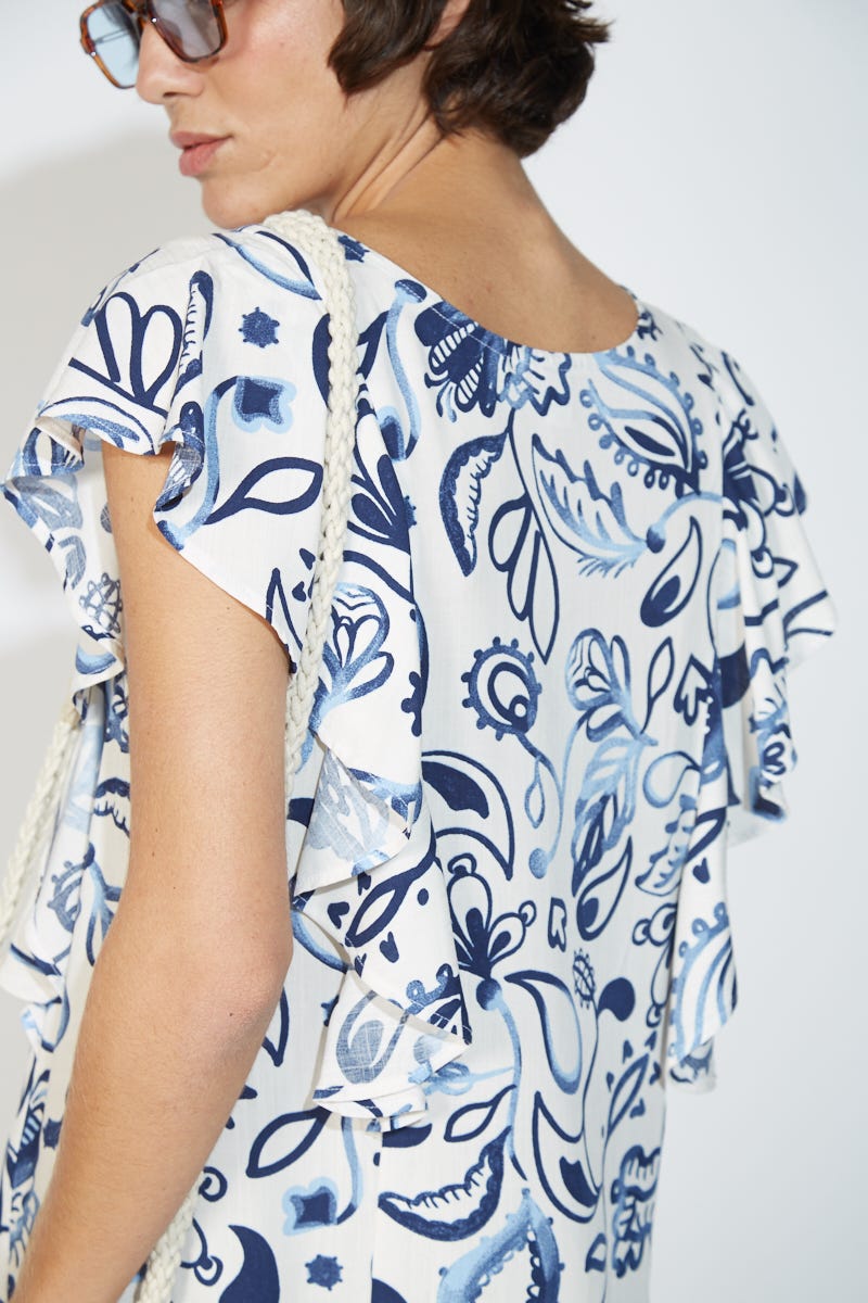 Vestido Corto Estampado y Volados