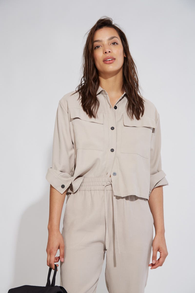 Camisa Crop Beige Twill
