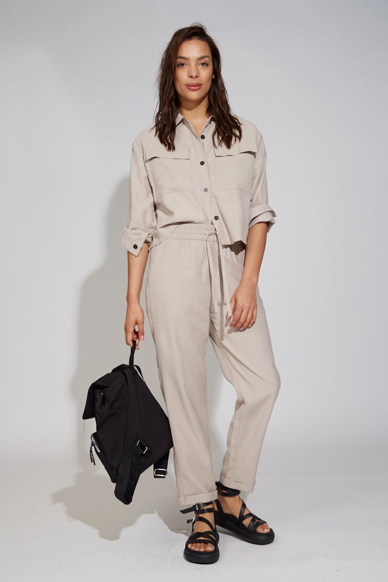 Camisa Crop Beige Twill