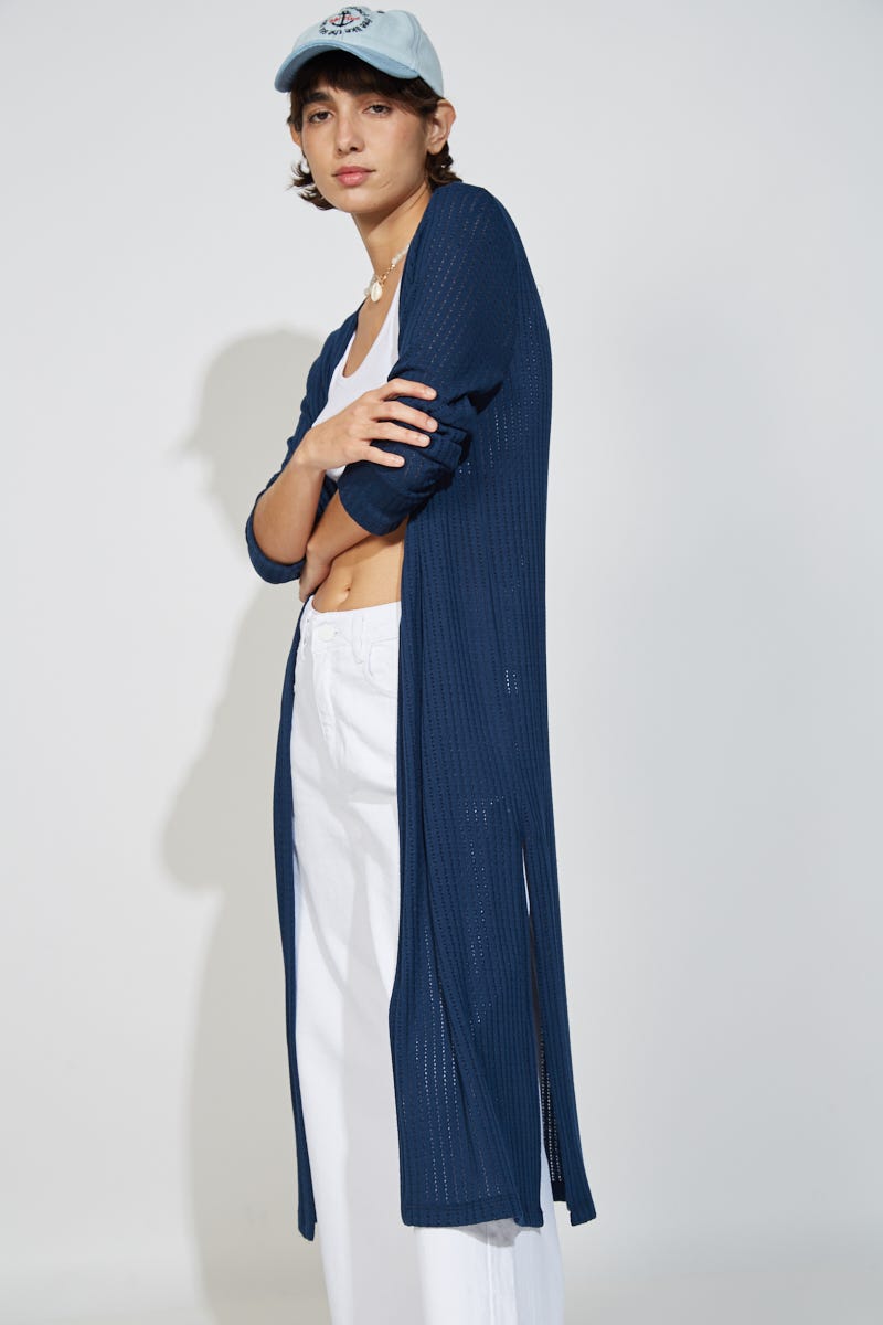 Cardigan Desagujado Largo Midi Azul Marino