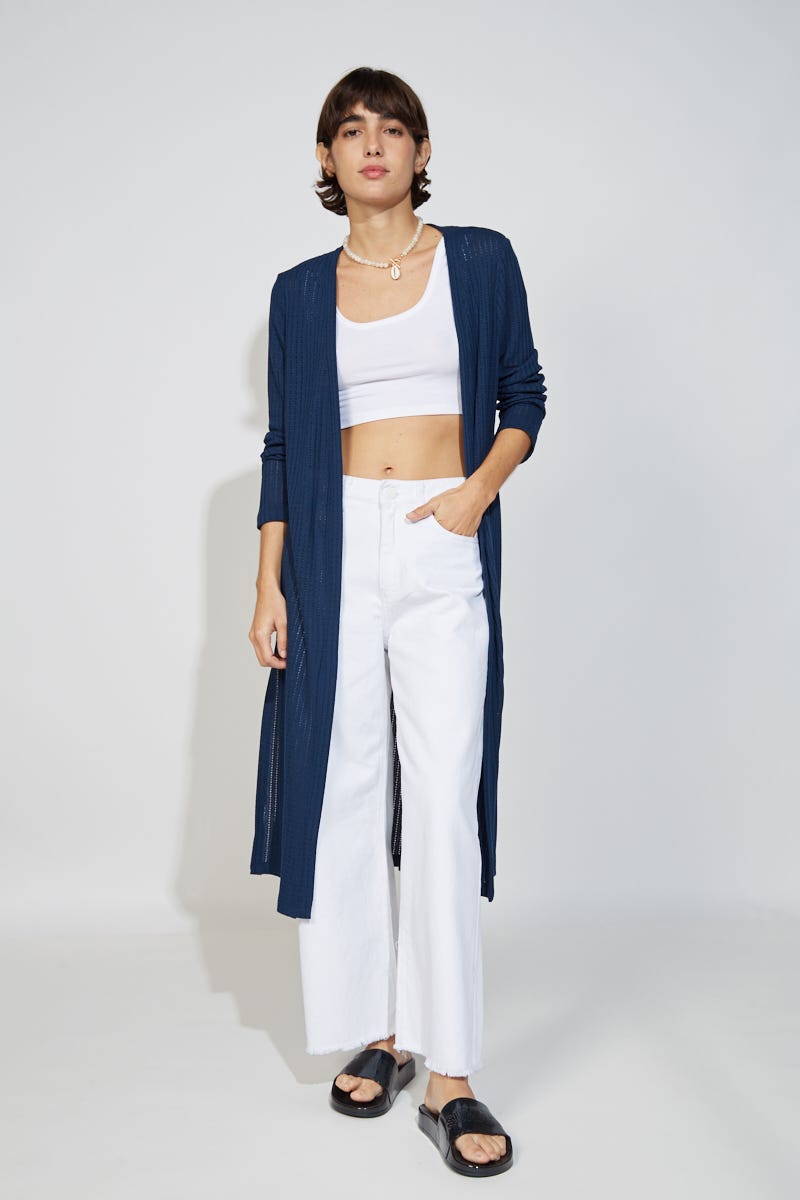 Cardigan Desagujado Largo Midi Azul Marino