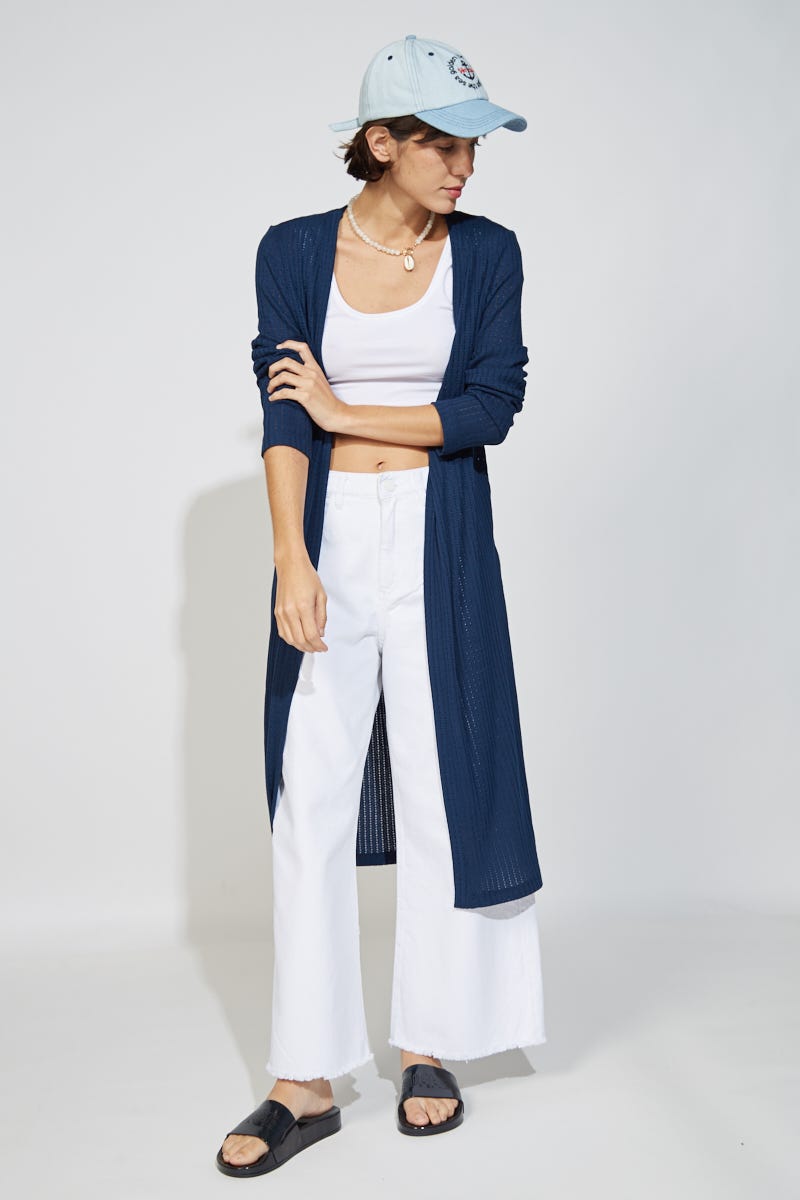 Cardigan Desagujado Largo Midi Azul Marino