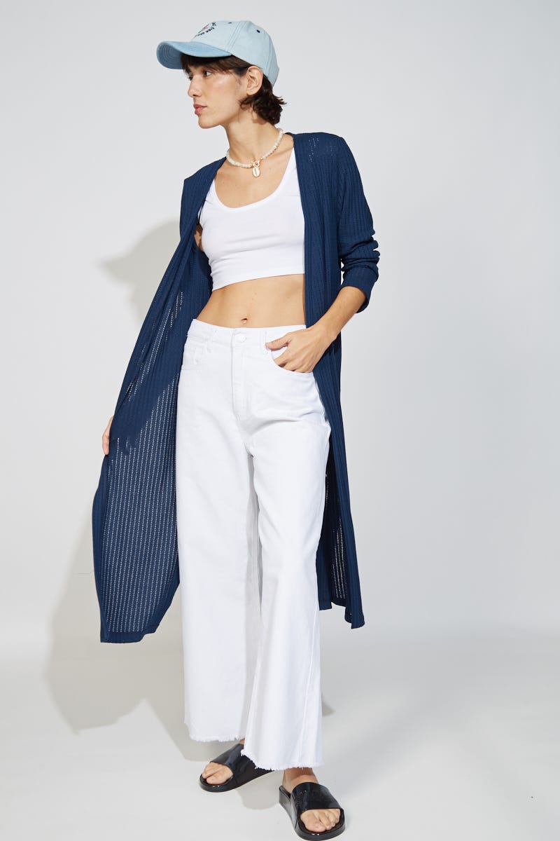 Cardigan Desagujado Largo Midi Azul Marino