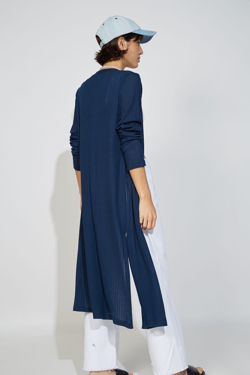 Cardigan Desagujado Largo Midi Azul Marino
