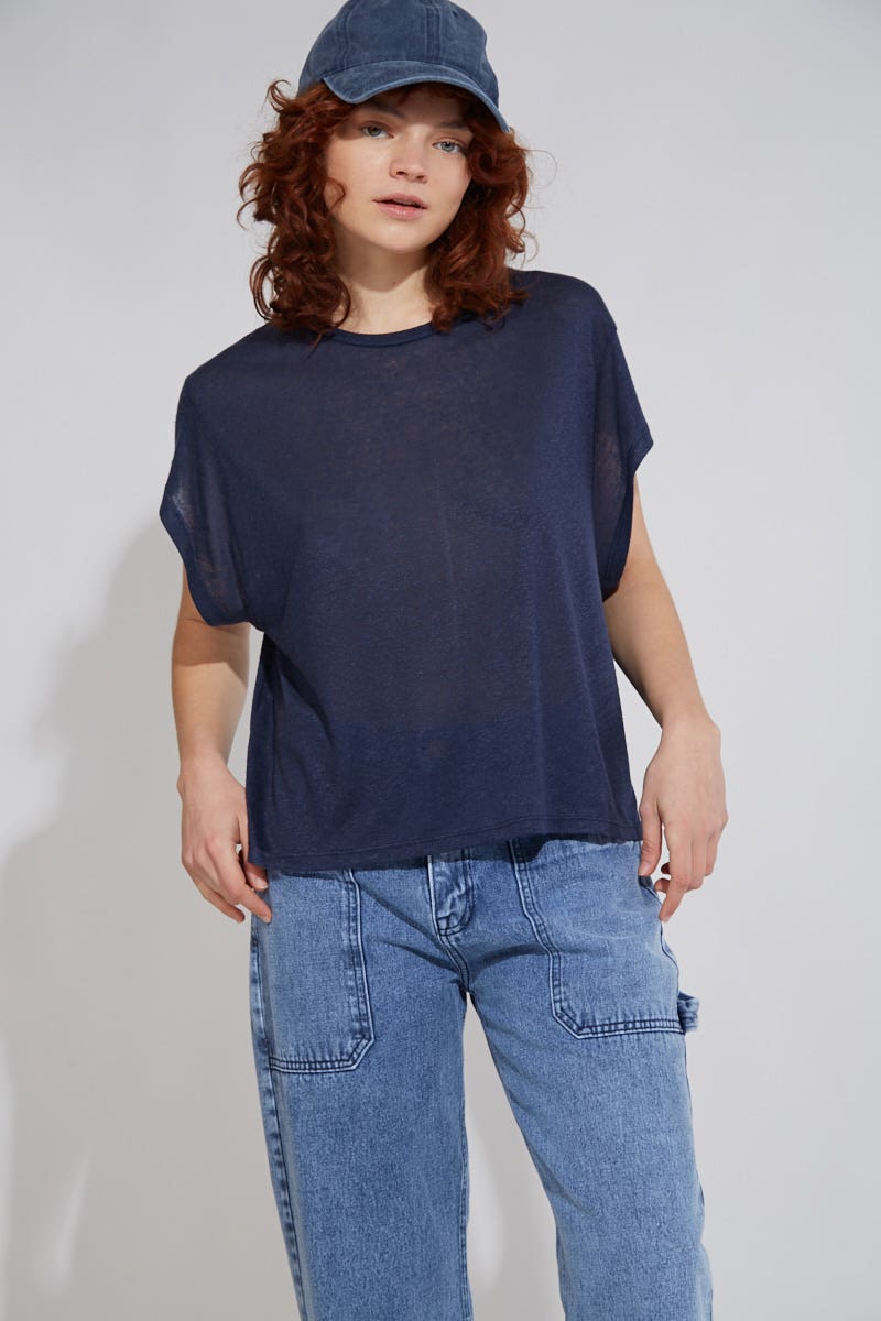 Remera Lino Manga Amplia Azul