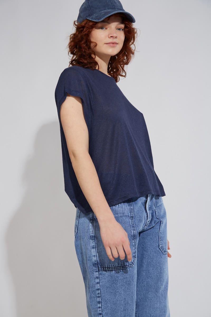 Remera Lino Manga Amplia Azul