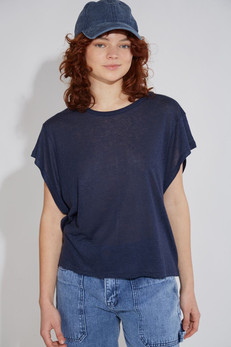 Remera Lino Manga Amplia Azul