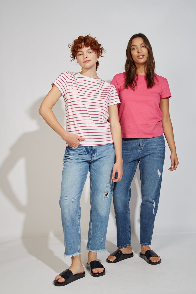 Remera Algodón Pack X2- 1 Rayado, 1 Fucsia