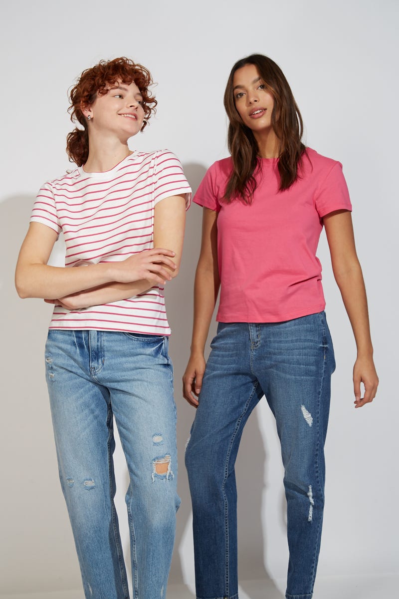 Remera Algodón Pack X2- 1 Rayado, 1 Fucsia